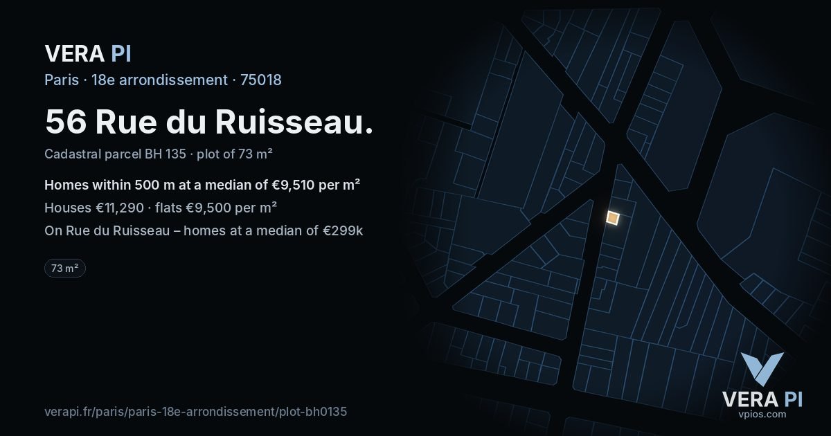 56 Rue du Ruisseau, 18e arrondissement at night – the plot lit, the parcels around coloured by the prices near them