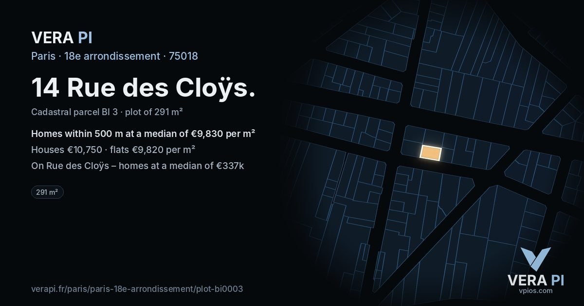 14 Rue des Cloÿs, 18e arrondissement at night – the plot lit, the parcels around coloured by the prices near them
