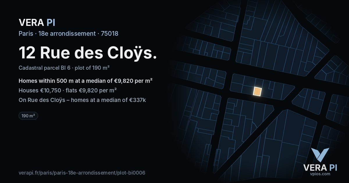 12 Rue des Cloÿs, 18e arrondissement at night – the plot lit, the parcels around coloured by the prices near them
