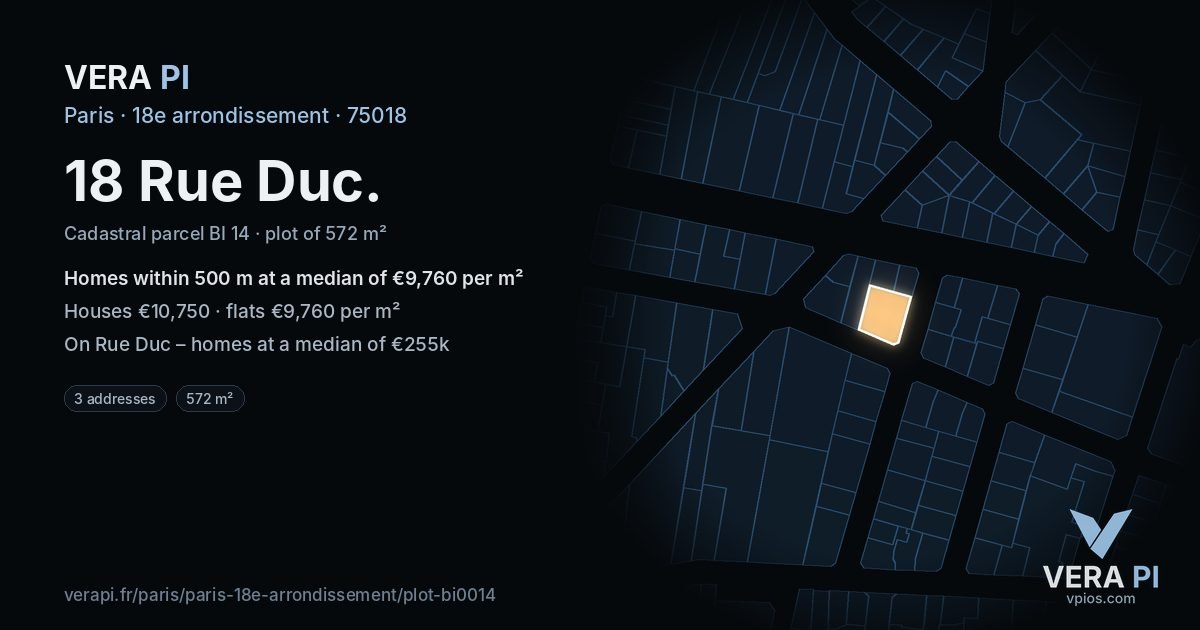 18 Rue Duc, 18e arrondissement at night – the plot lit, the parcels around coloured by the prices near them