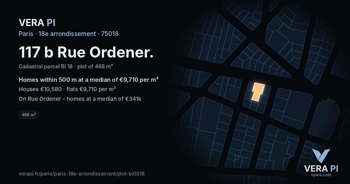 117 b Rue Ordener, 18e arrondissement at night – the plot lit, the parcels around coloured by the prices near them