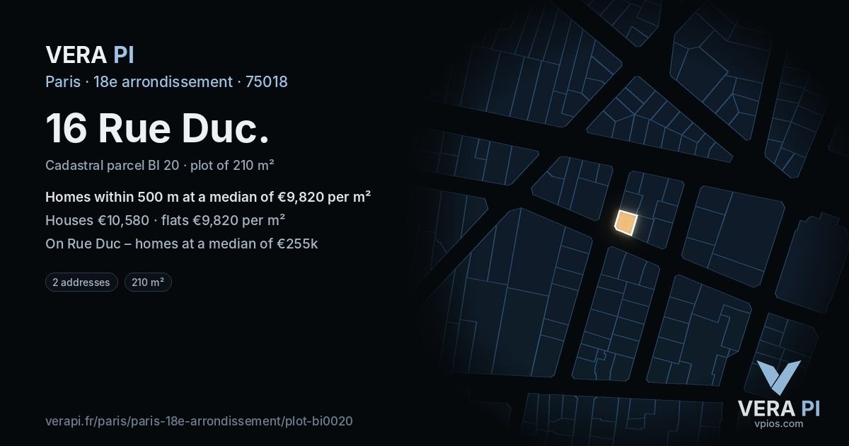 16 Rue Duc, 18e arrondissement at night – the plot lit, the parcels around coloured by the prices near them