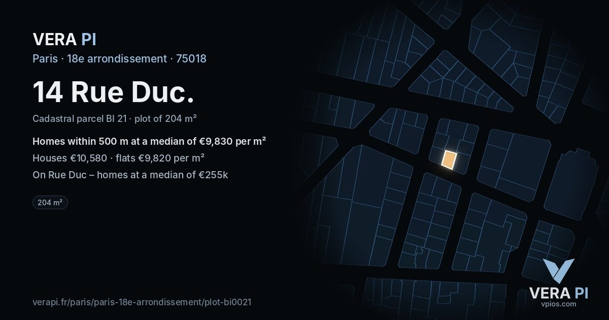 14 Rue Duc, 18e arrondissement at night – the plot lit, the parcels around coloured by the prices near them