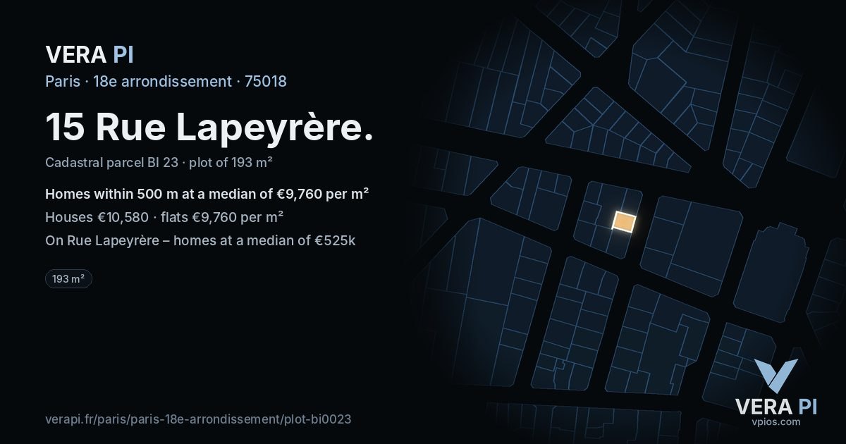 15 Rue Lapeyrère, 18e arrondissement at night – the plot lit, the parcels around coloured by the prices near them