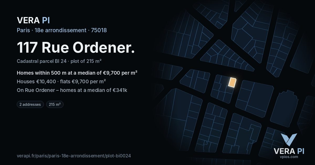 117 Rue Ordener, 18e arrondissement at night – the plot lit, the parcels around coloured by the prices near them