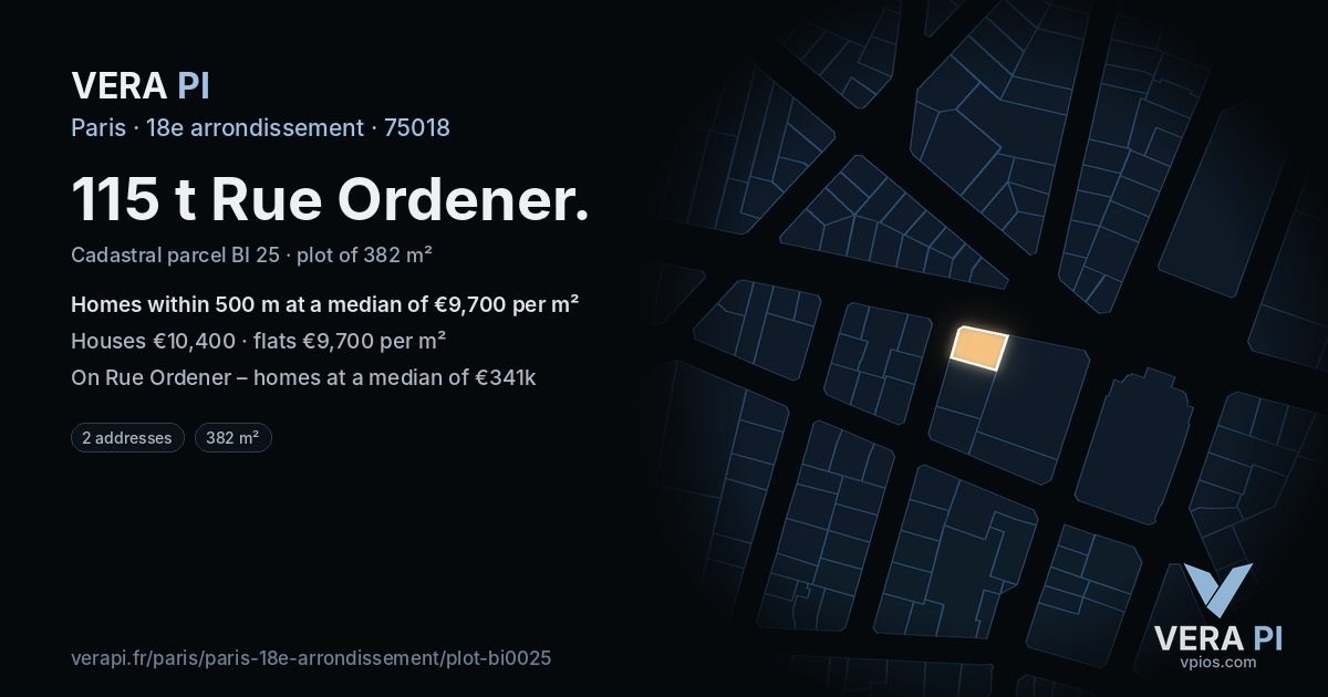 115 t Rue Ordener, 18e arrondissement at night – the plot lit, the parcels around coloured by the prices near them