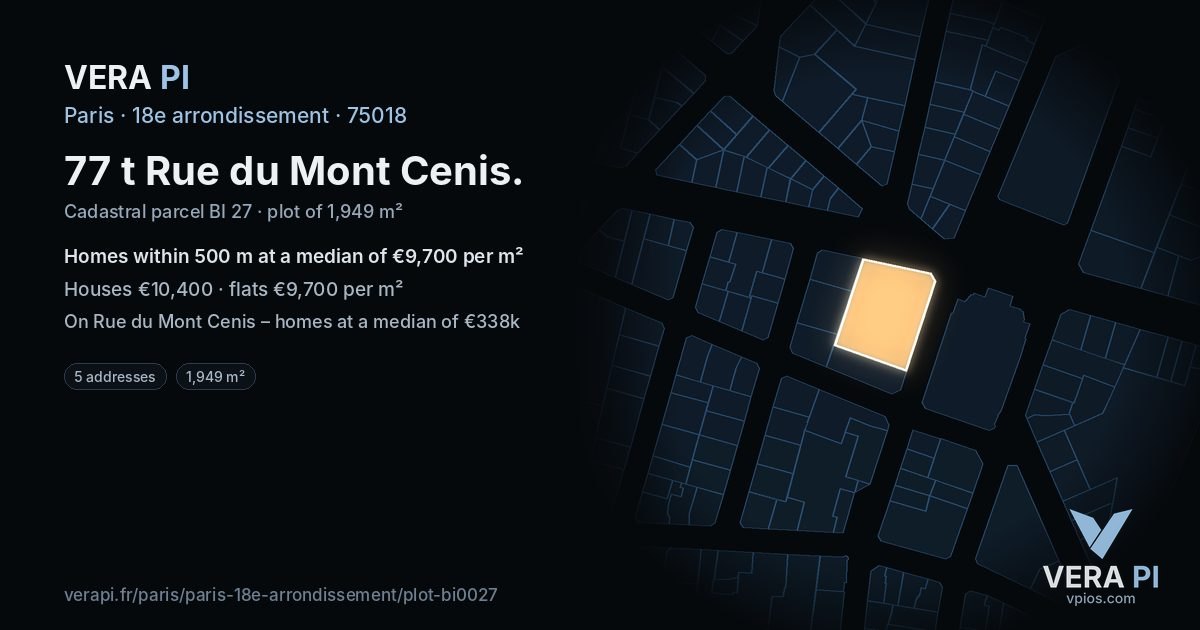 77 t Rue du Mont Cenis, 18e arrondissement at night – the plot lit, the parcels around coloured by the prices near them