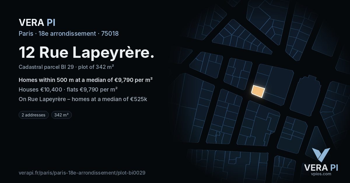 12 Rue Lapeyrère, 18e arrondissement at night – the plot lit, the parcels around coloured by the prices near them