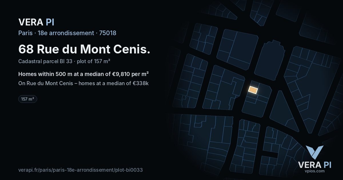68 Rue du Mont Cenis, 18e arrondissement at night – the plot lit, the parcels around coloured by the prices near them