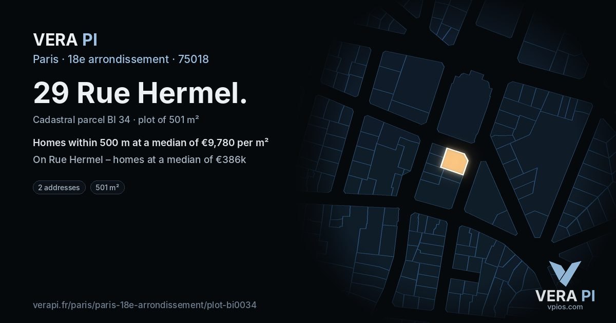 29 Rue Hermel, 18e arrondissement at night – the plot lit, the parcels around coloured by the prices near them