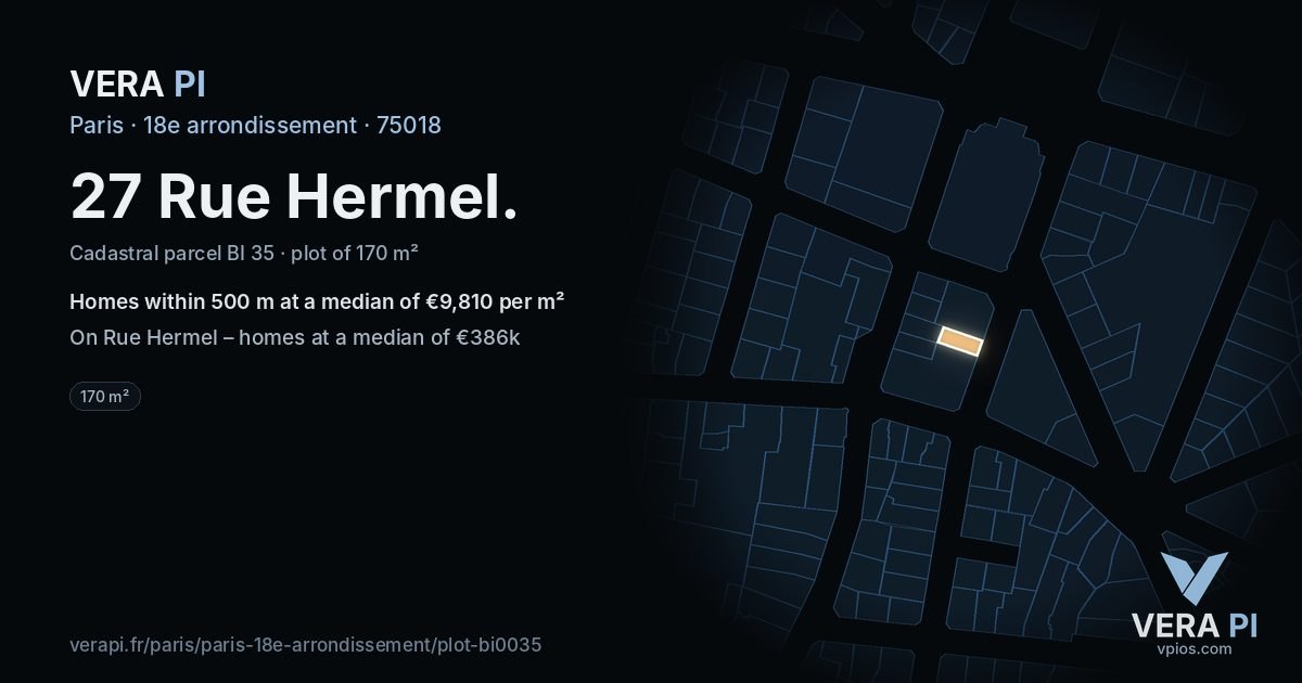 27 Rue Hermel, 18e arrondissement at night – the plot lit, the parcels around coloured by the prices near them