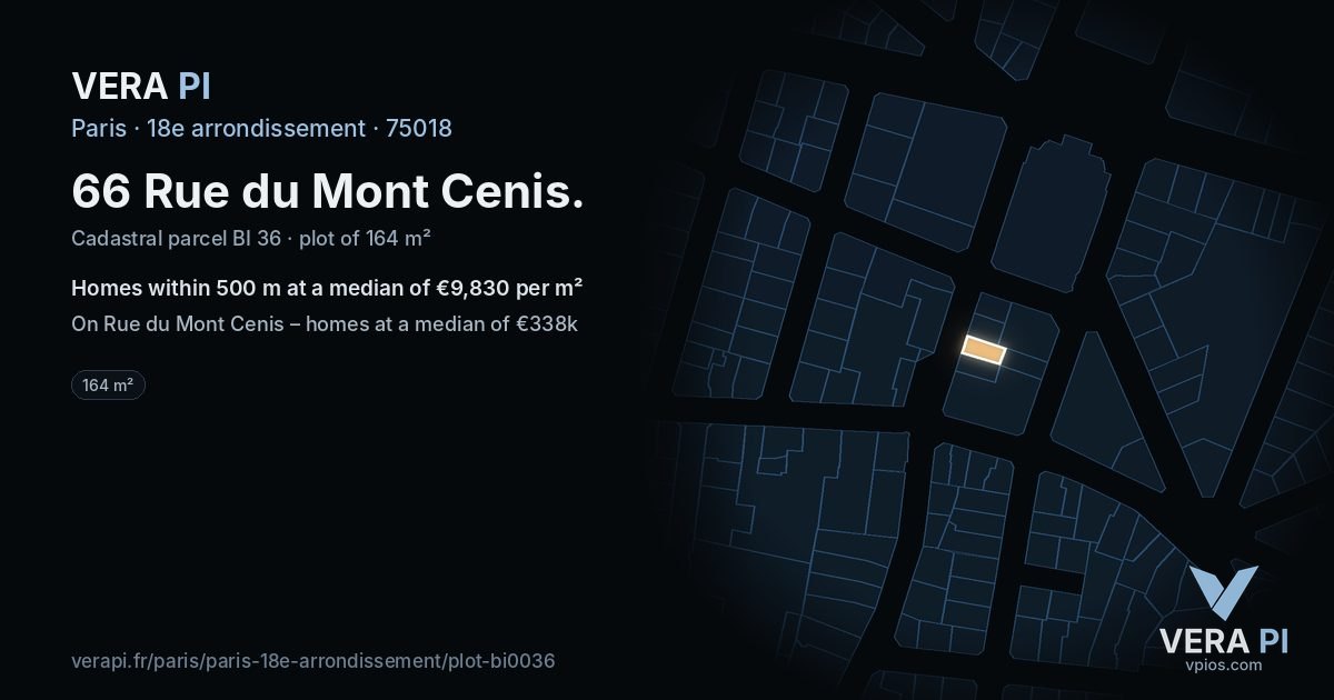 66 Rue du Mont Cenis, 18e arrondissement at night – the plot lit, the parcels around coloured by the prices near them