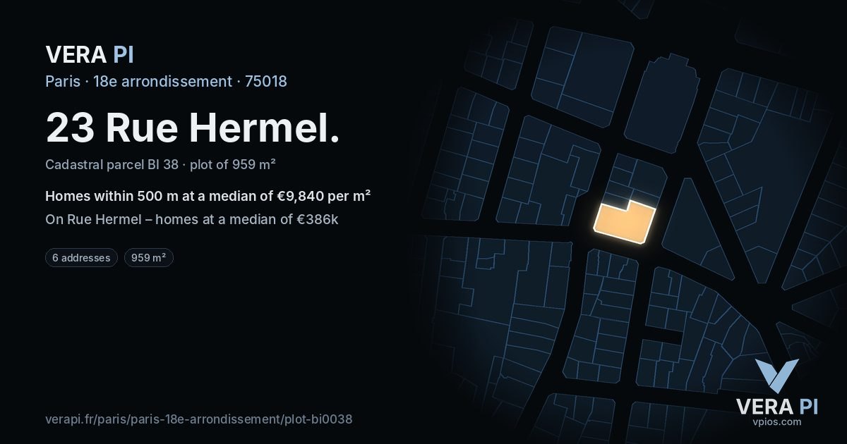 23 Rue Hermel, 18e arrondissement at night – the plot lit, the parcels around coloured by the prices near them