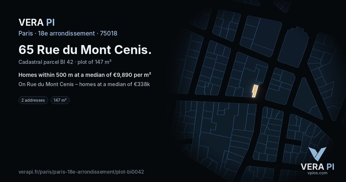 65 Rue du Mont Cenis, 18e arrondissement at night – the plot lit, the parcels around coloured by the prices near them