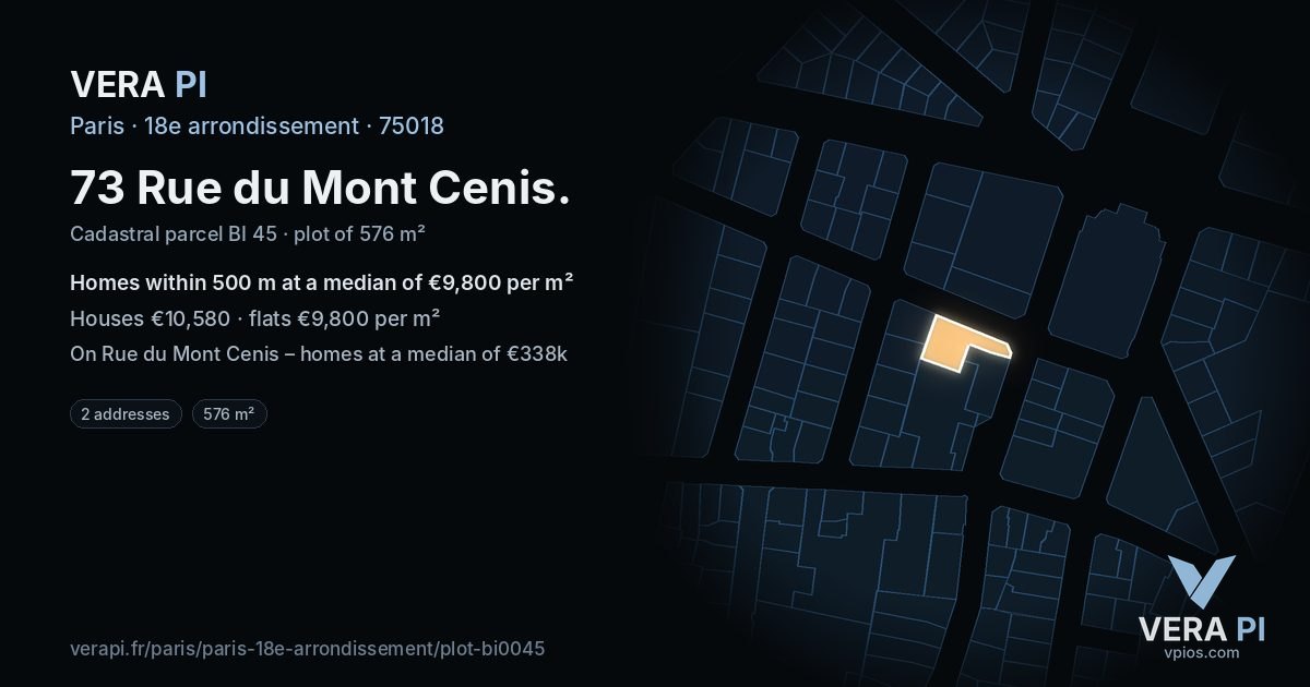 73 Rue du Mont Cenis, 18e arrondissement at night – the plot lit, the parcels around coloured by the prices near them