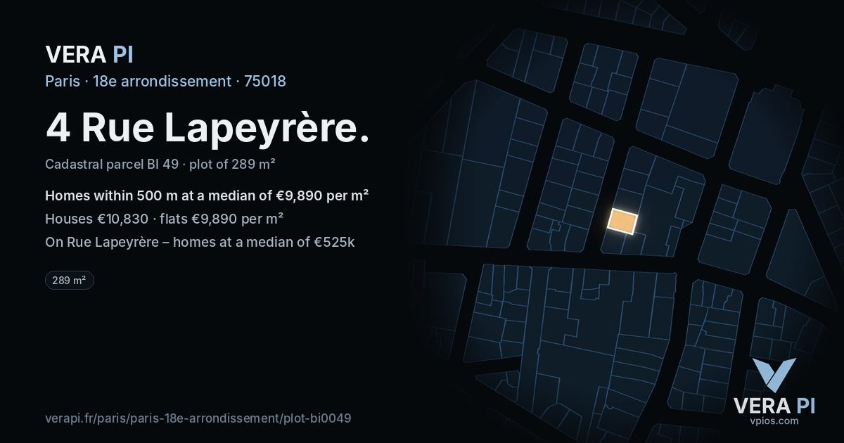 4 Rue Lapeyrère, 18e arrondissement at night – the plot lit, the parcels around coloured by the prices near them