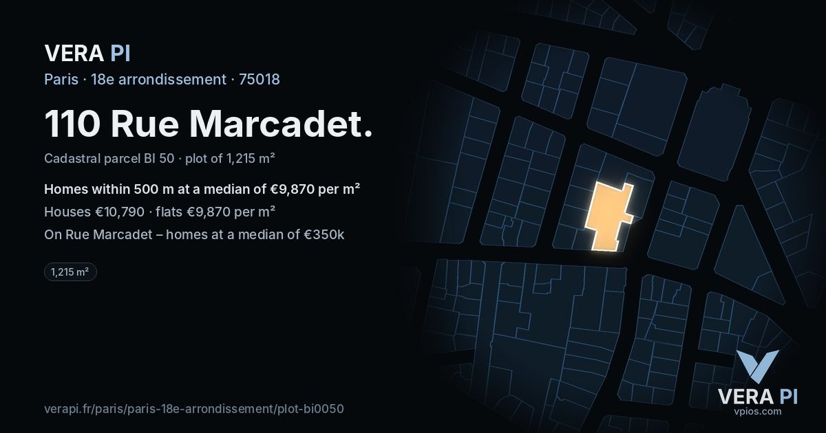 110 Rue Marcadet, 18e arrondissement at night – the plot lit, the parcels around coloured by the prices near them