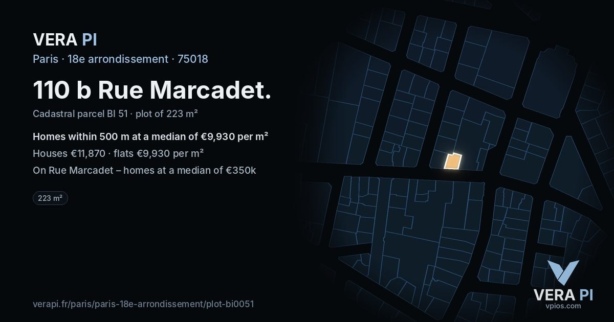 110 b Rue Marcadet, 18e arrondissement at night – the plot lit, the parcels around coloured by the prices near them