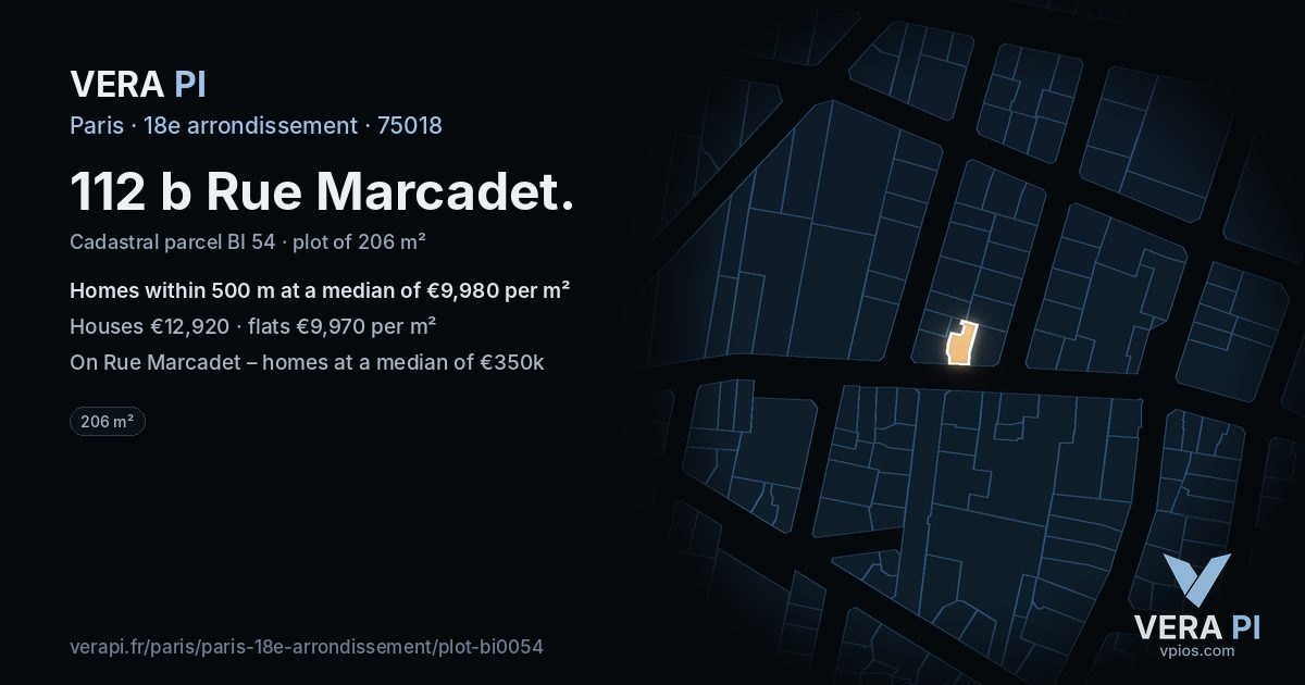112 b Rue Marcadet, 18e arrondissement at night – the plot lit, the parcels around coloured by the prices near them