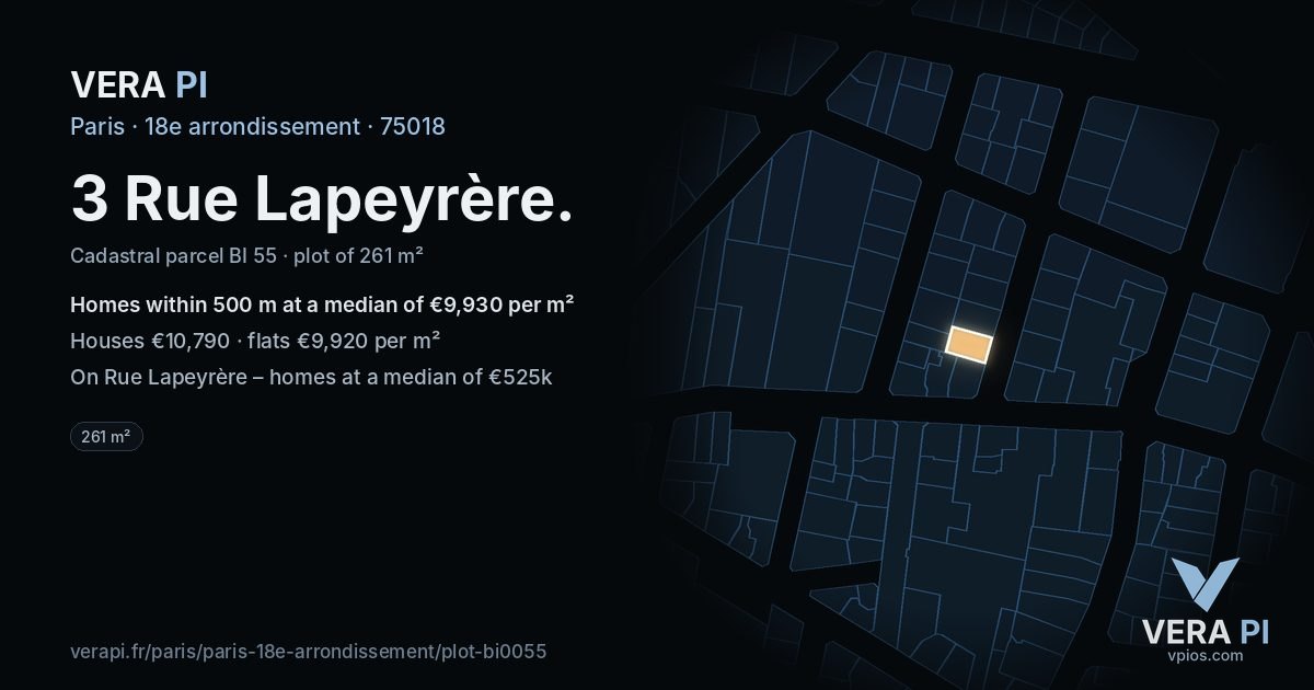 3 Rue Lapeyrère, 18e arrondissement at night – the plot lit, the parcels around coloured by the prices near them
