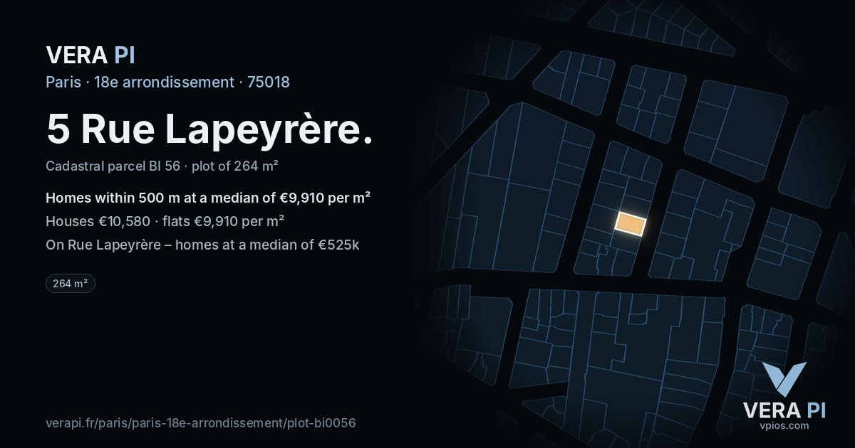 5 Rue Lapeyrère, 18e arrondissement at night – the plot lit, the parcels around coloured by the prices near them