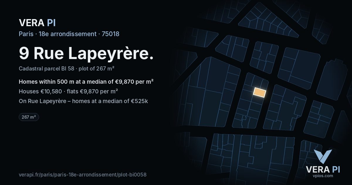 9 Rue Lapeyrère, 18e arrondissement at night – the plot lit, the parcels around coloured by the prices near them