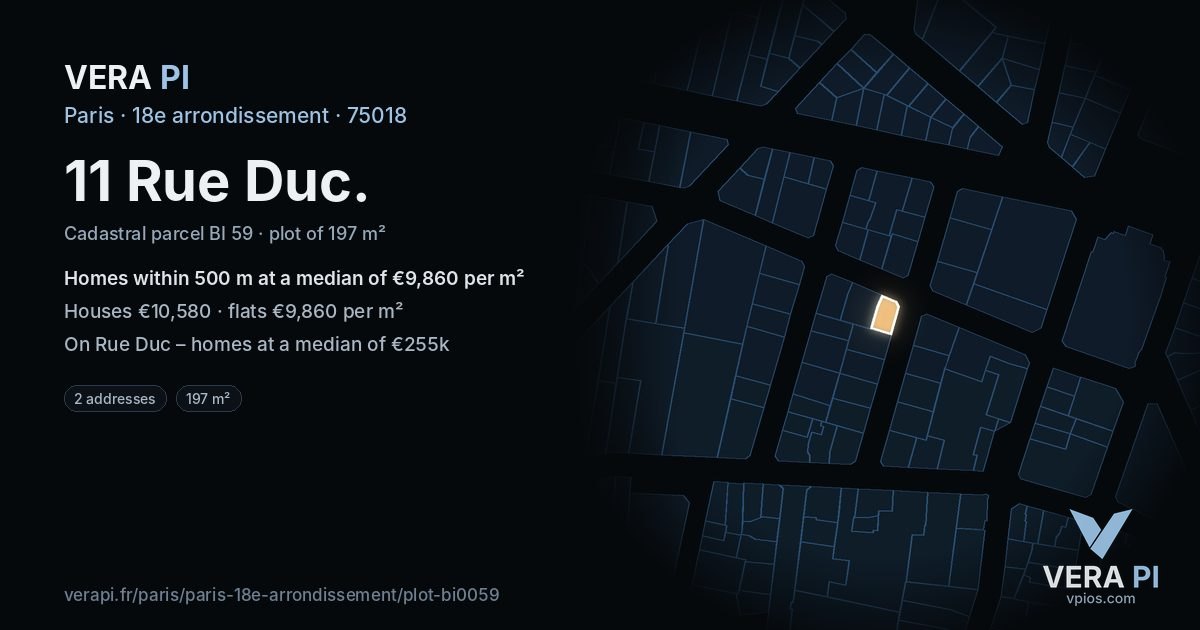 11 Rue Duc, 18e arrondissement at night – the plot lit, the parcels around coloured by the prices near them