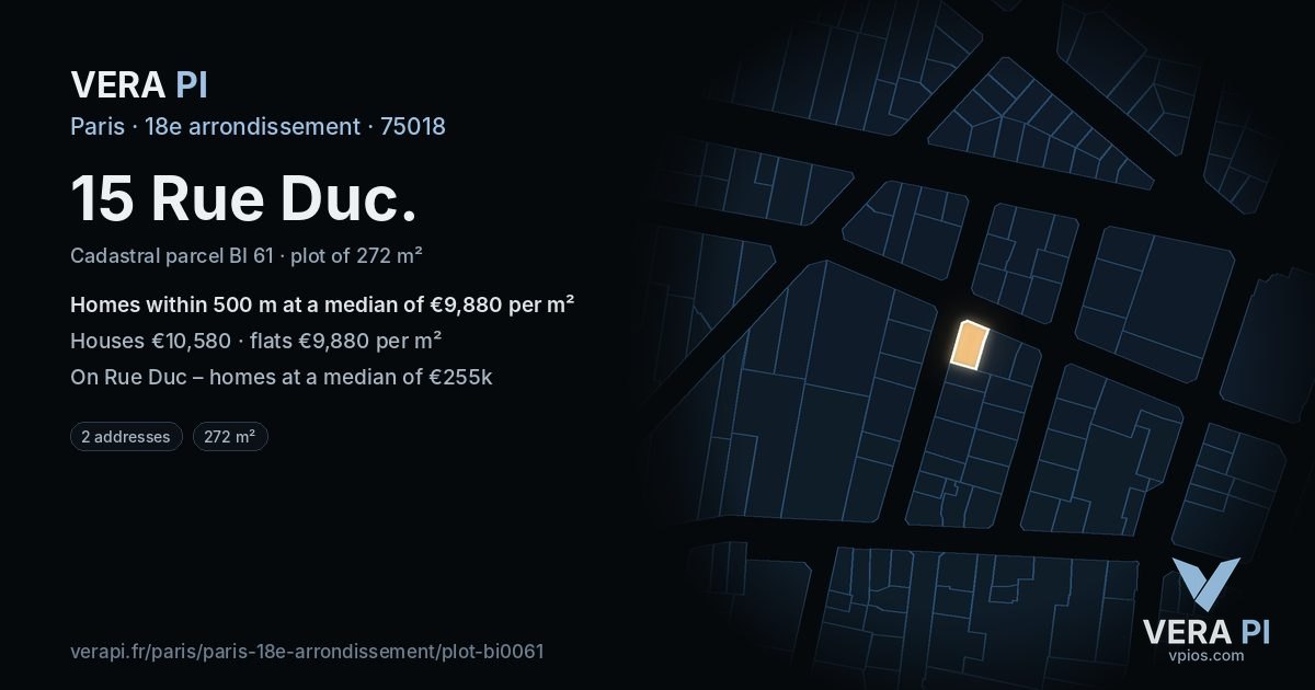 15 Rue Duc, 18e arrondissement at night – the plot lit, the parcels around coloured by the prices near them