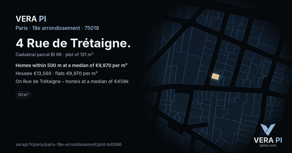 4 Rue de Trétaigne, 18e arrondissement at night – the plot lit, the parcels around coloured by the prices near them