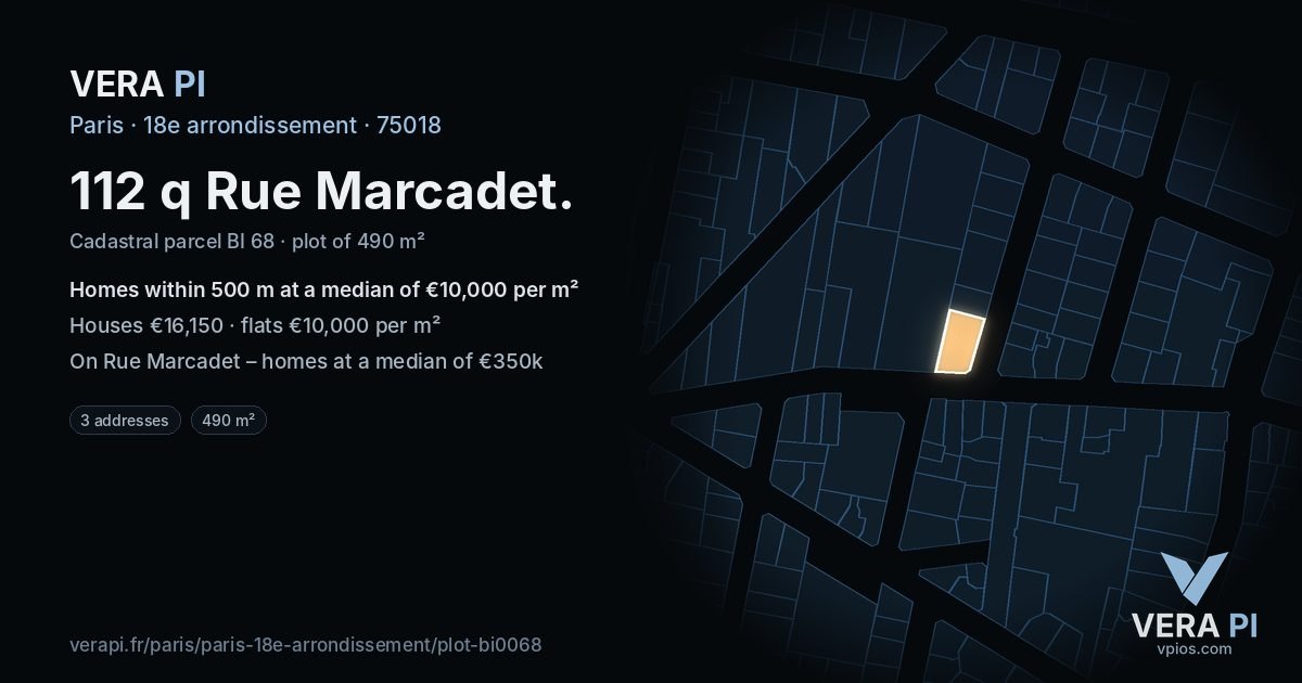 112 q Rue Marcadet, 18e arrondissement at night – the plot lit, the parcels around coloured by the prices near them