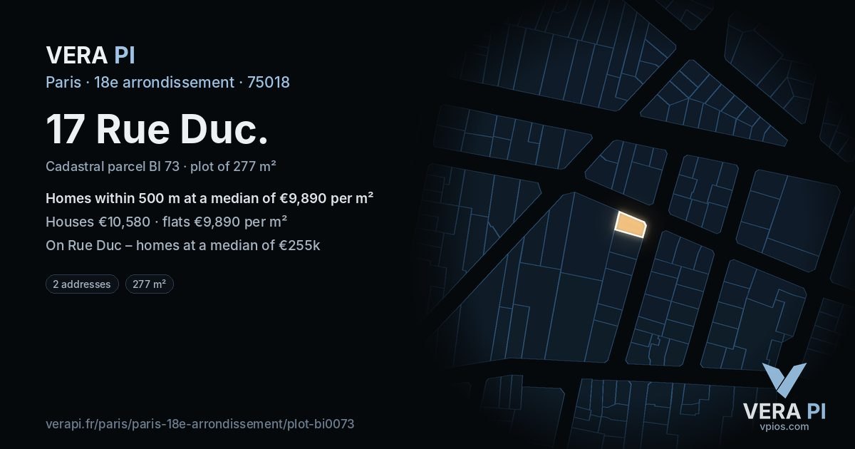 17 Rue Duc, 18e arrondissement at night – the plot lit, the parcels around coloured by the prices near them