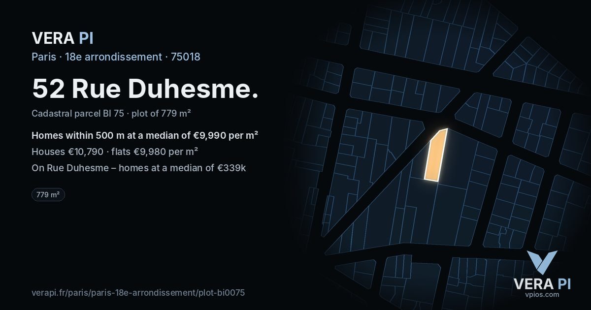 52 Rue Duhesme, 18e arrondissement at night – the plot lit, the parcels around coloured by the prices near them