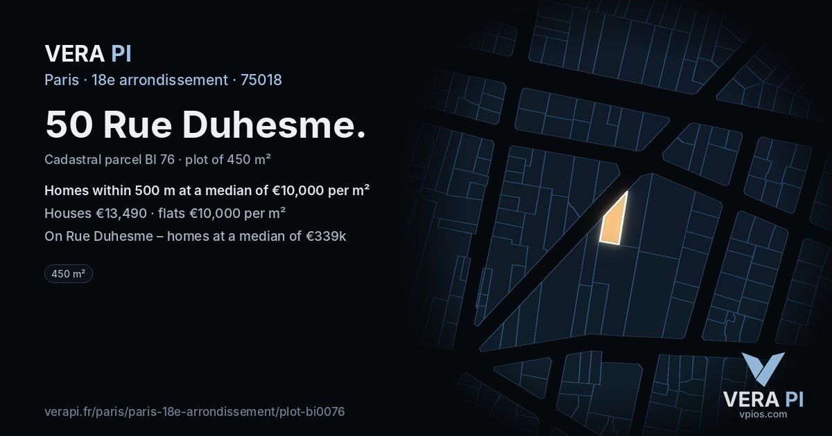 50 Rue Duhesme, 18e arrondissement at night – the plot lit, the parcels around coloured by the prices near them