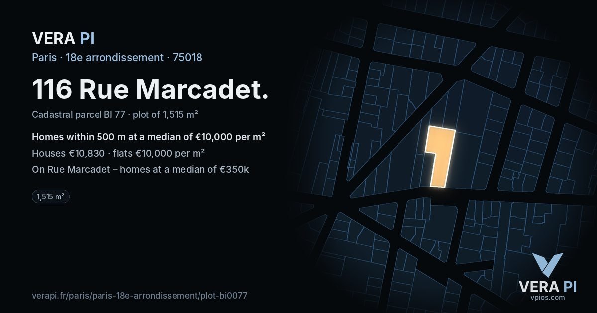116 Rue Marcadet, 18e arrondissement at night – the plot lit, the parcels around coloured by the prices near them