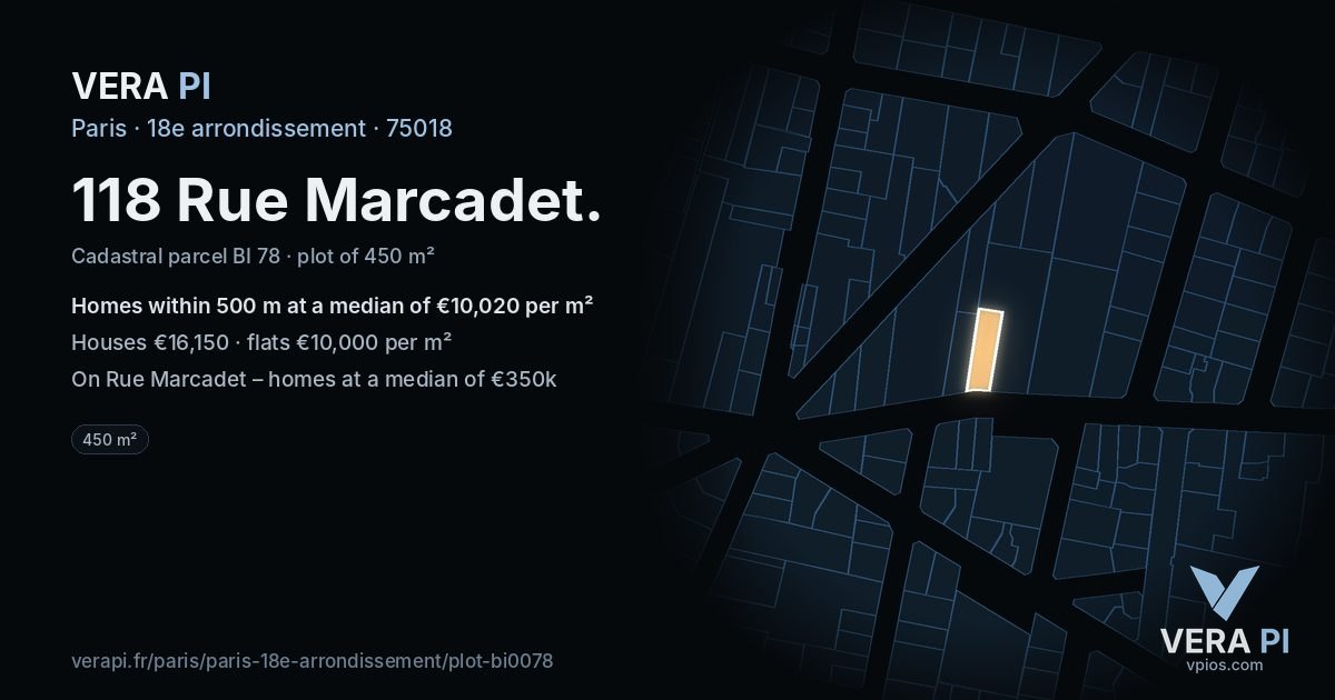 118 Rue Marcadet, 18e arrondissement at night – the plot lit, the parcels around coloured by the prices near them