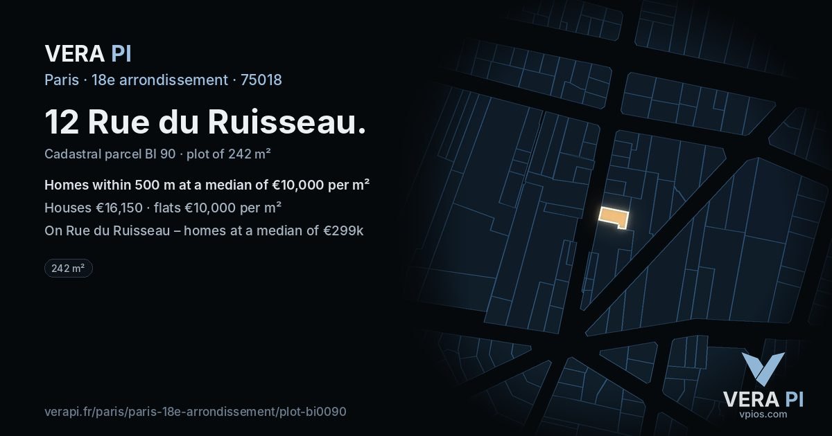 12 Rue du Ruisseau, 18e arrondissement at night – the plot lit, the parcels around coloured by the prices near them