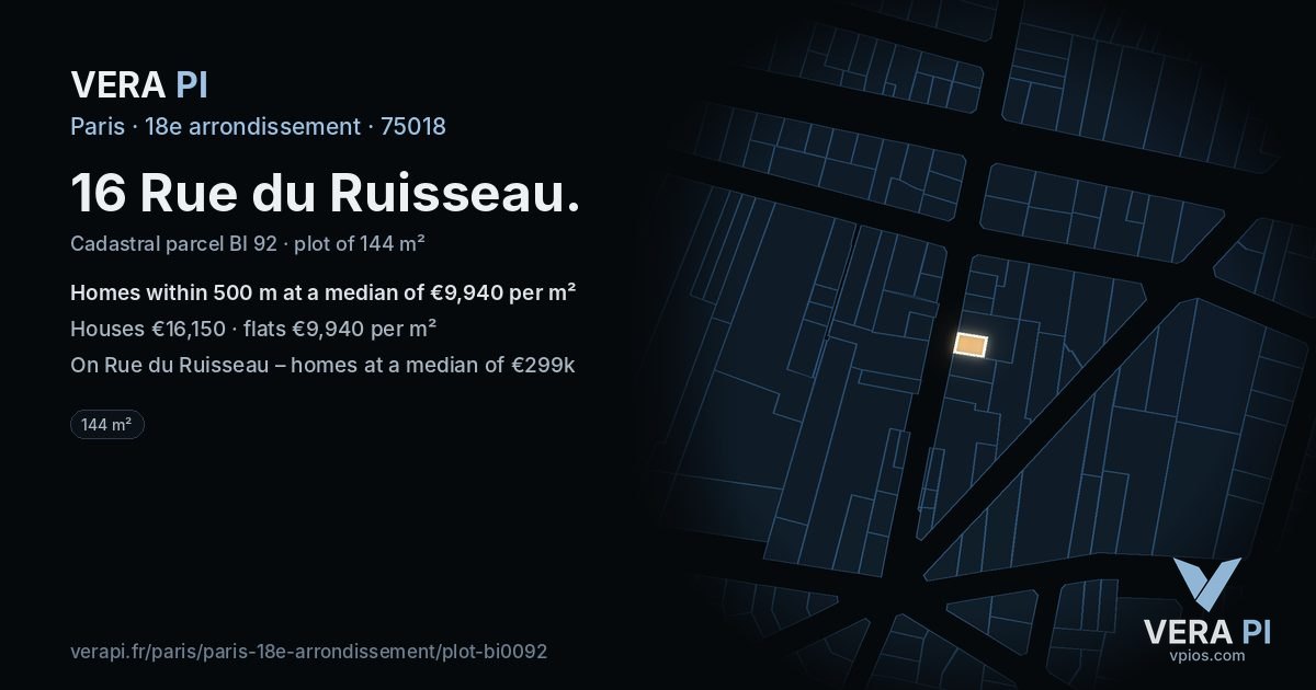 16 Rue du Ruisseau, 18e arrondissement at night – the plot lit, the parcels around coloured by the prices near them