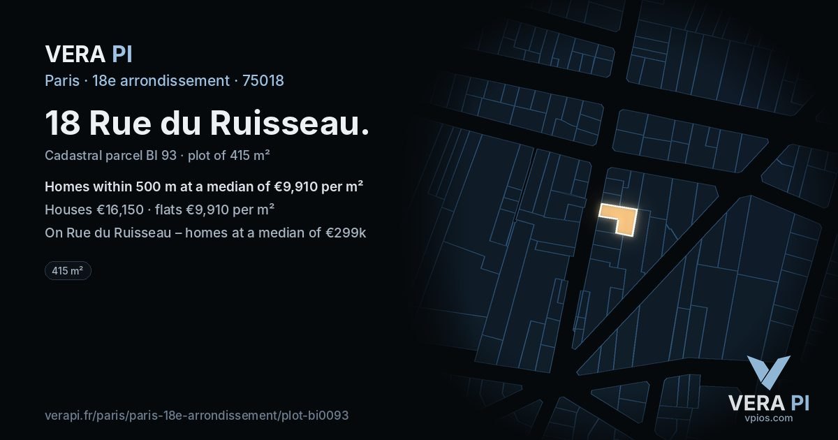18 Rue du Ruisseau, 18e arrondissement at night – the plot lit, the parcels around coloured by the prices near them