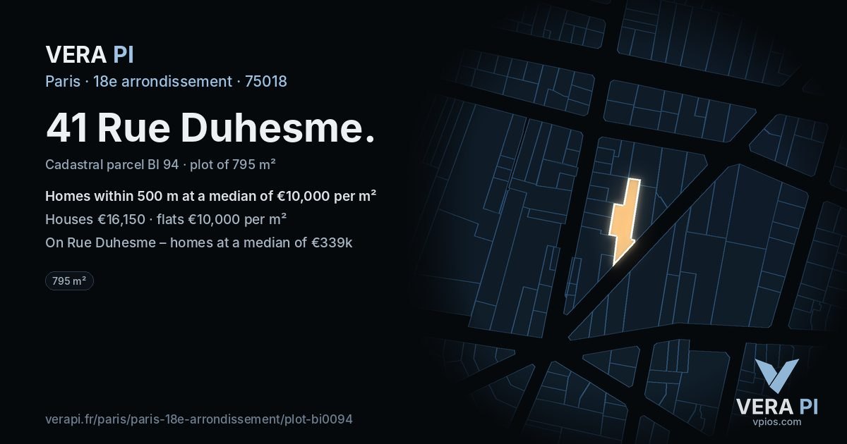 41 Rue Duhesme, 18e arrondissement at night – the plot lit, the parcels around coloured by the prices near them