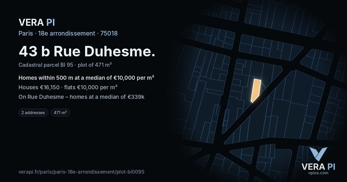 43 b Rue Duhesme, 18e arrondissement at night – the plot lit, the parcels around coloured by the prices near them