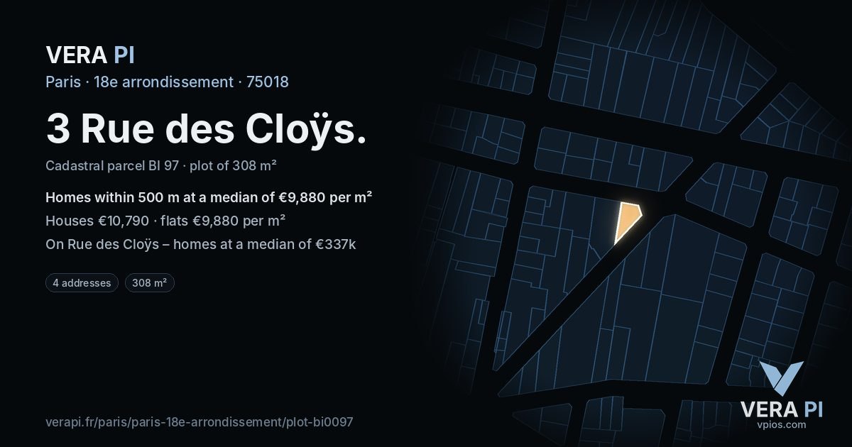 3 Rue des Cloÿs, 18e arrondissement at night – the plot lit, the parcels around coloured by the prices near them