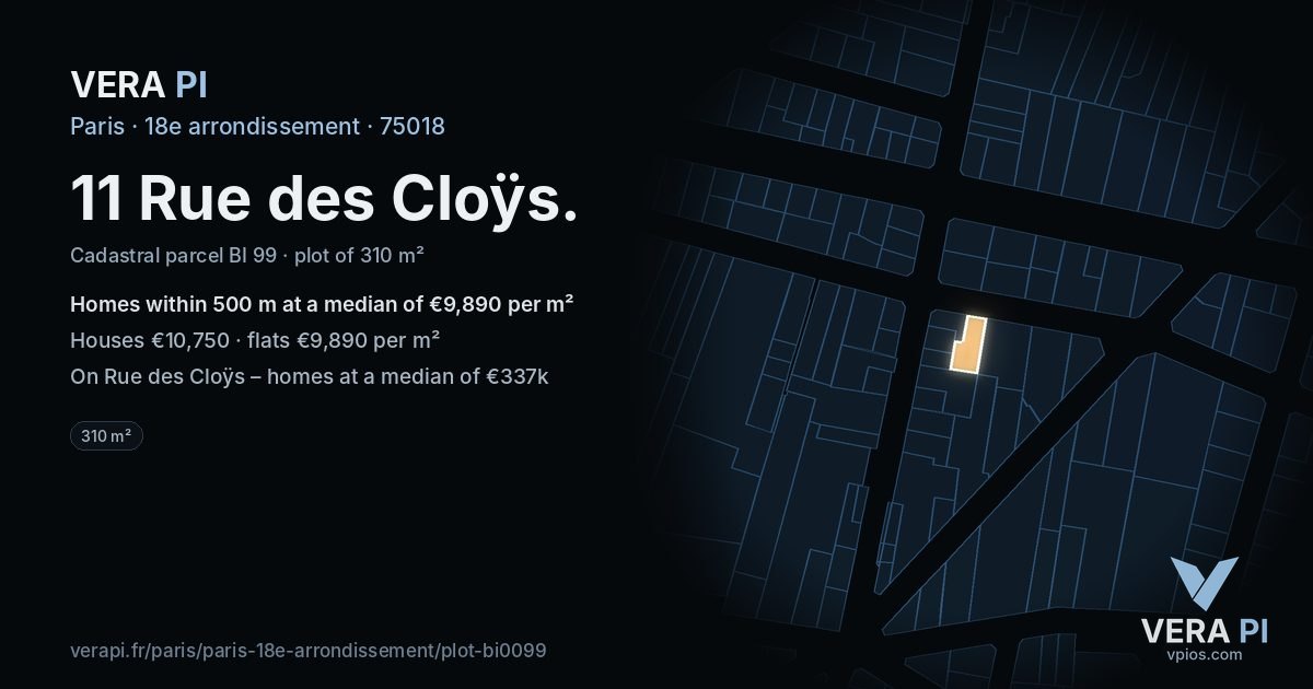 11 Rue des Cloÿs, 18e arrondissement at night – the plot lit, the parcels around coloured by the prices near them