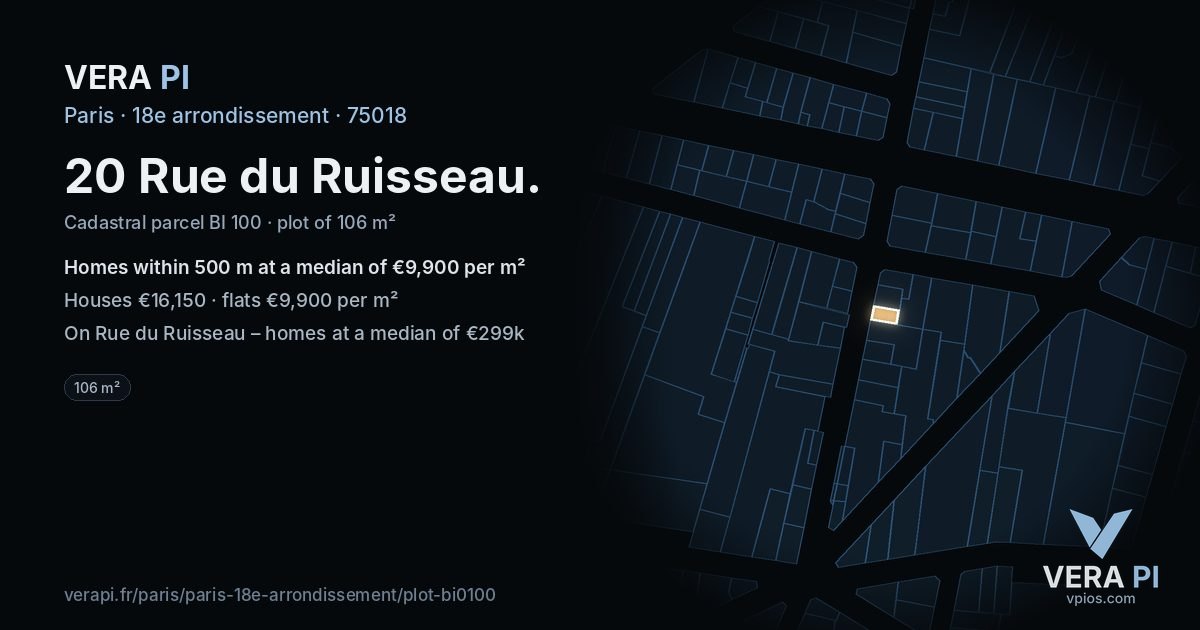 20 Rue du Ruisseau, 18e arrondissement at night – the plot lit, the parcels around coloured by the prices near them