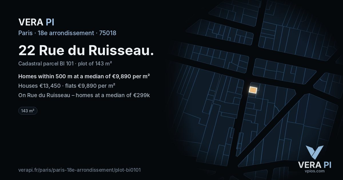 22 Rue du Ruisseau, 18e arrondissement at night – the plot lit, the parcels around coloured by the prices near them