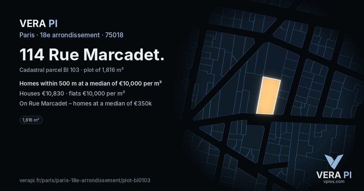 114 Rue Marcadet, 18e arrondissement at night – the plot lit, the parcels around coloured by the prices near them