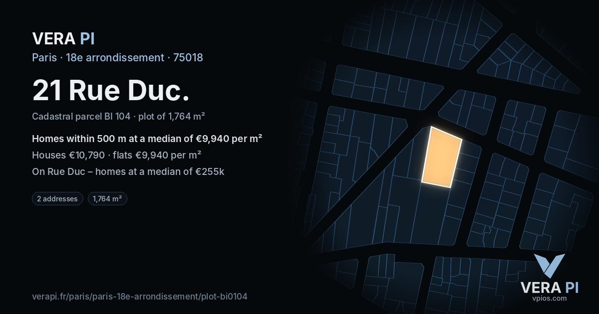 21 Rue Duc, 18e arrondissement at night – the plot lit, the parcels around coloured by the prices near them