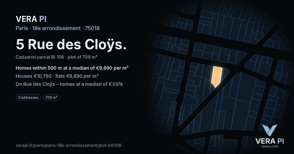 5 Rue des Cloÿs, 18e arrondissement at night – the plot lit, the parcels around coloured by the prices near them