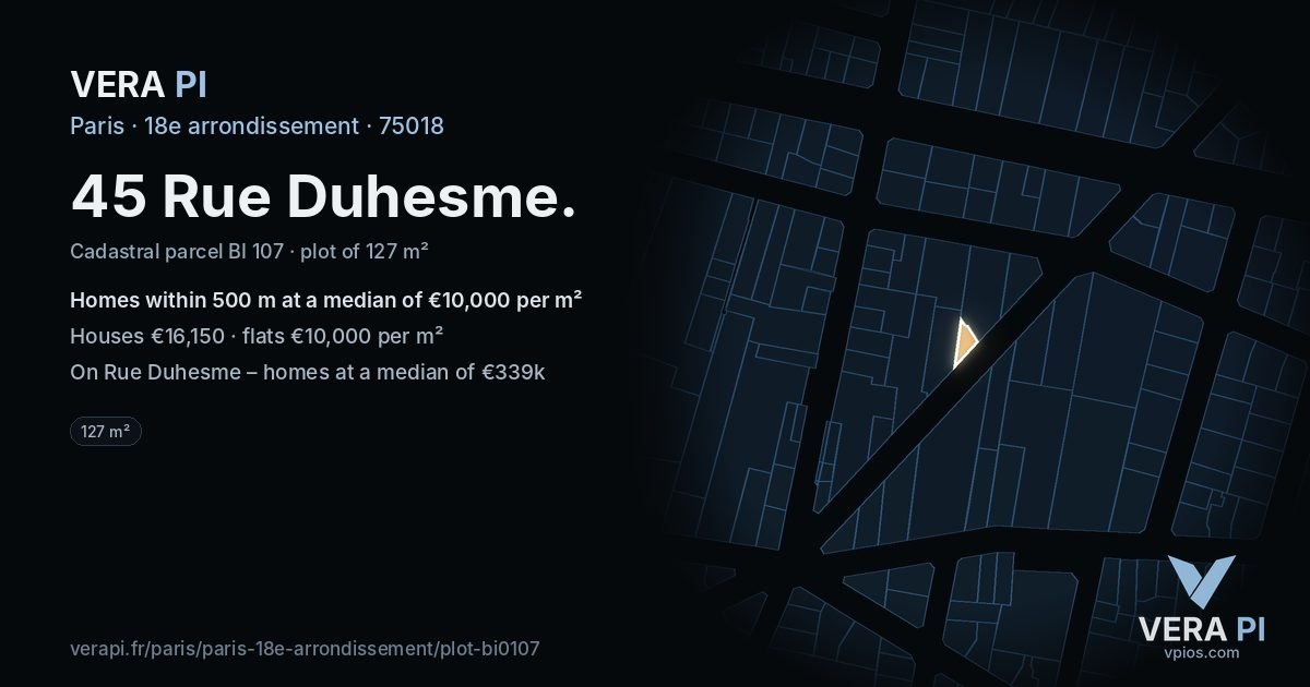 45 Rue Duhesme, 18e arrondissement at night – the plot lit, the parcels around coloured by the prices near them