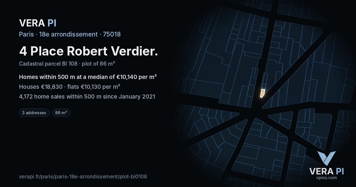 4 Place Robert Verdier, 18e arrondissement at night – the plot lit, the parcels around coloured by the prices near them
