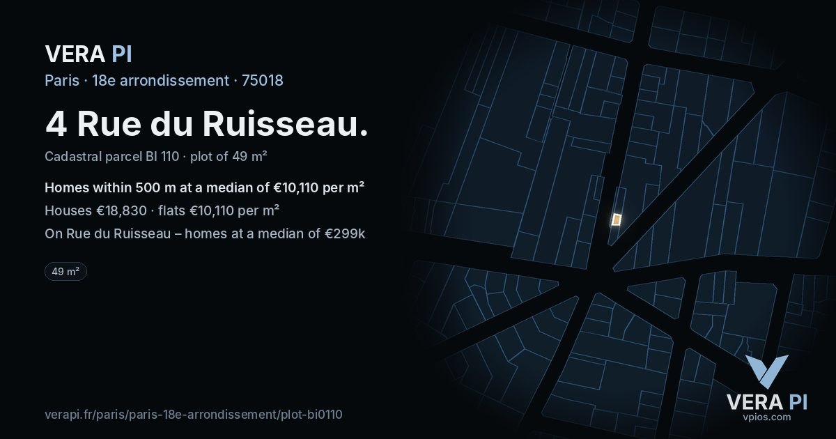 4 Rue du Ruisseau, 18e arrondissement at night – the plot lit, the parcels around coloured by the prices near them